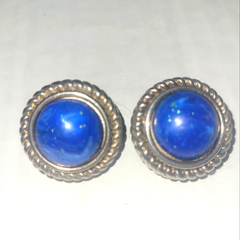Earrings Clip Vintage Button Marine Blue Glitter Cabachon silver tone setting